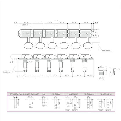 TK-7780-001 Gotoh SDS510 Vintage Style 6 in line Keys (Qty 6)