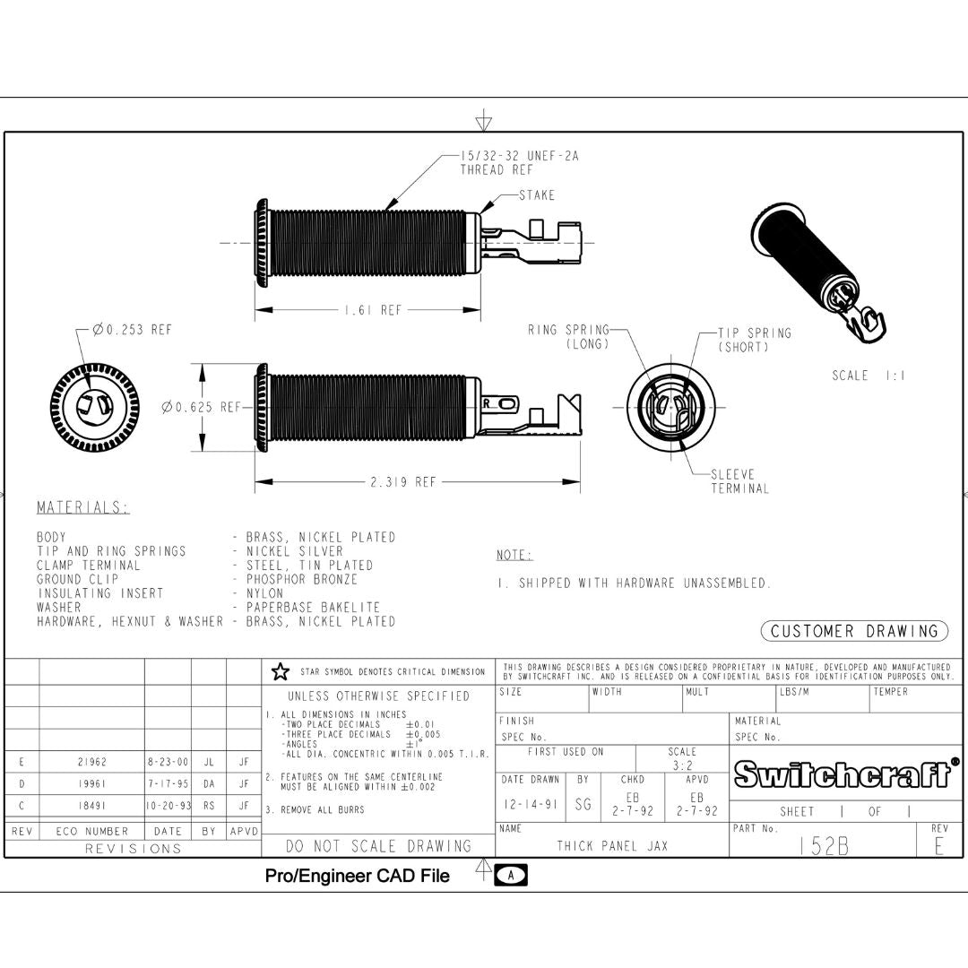 Switchcraft® Stereo Long Threaded Barrel Jack