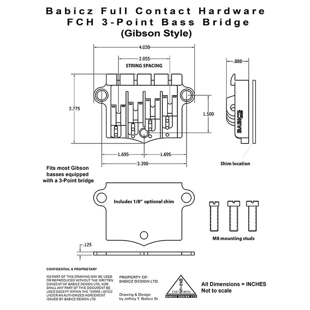 BB-3566-003 - Babicz Full Contact FCH 3PT BASS BRIDGE, 4 String W/SHIM