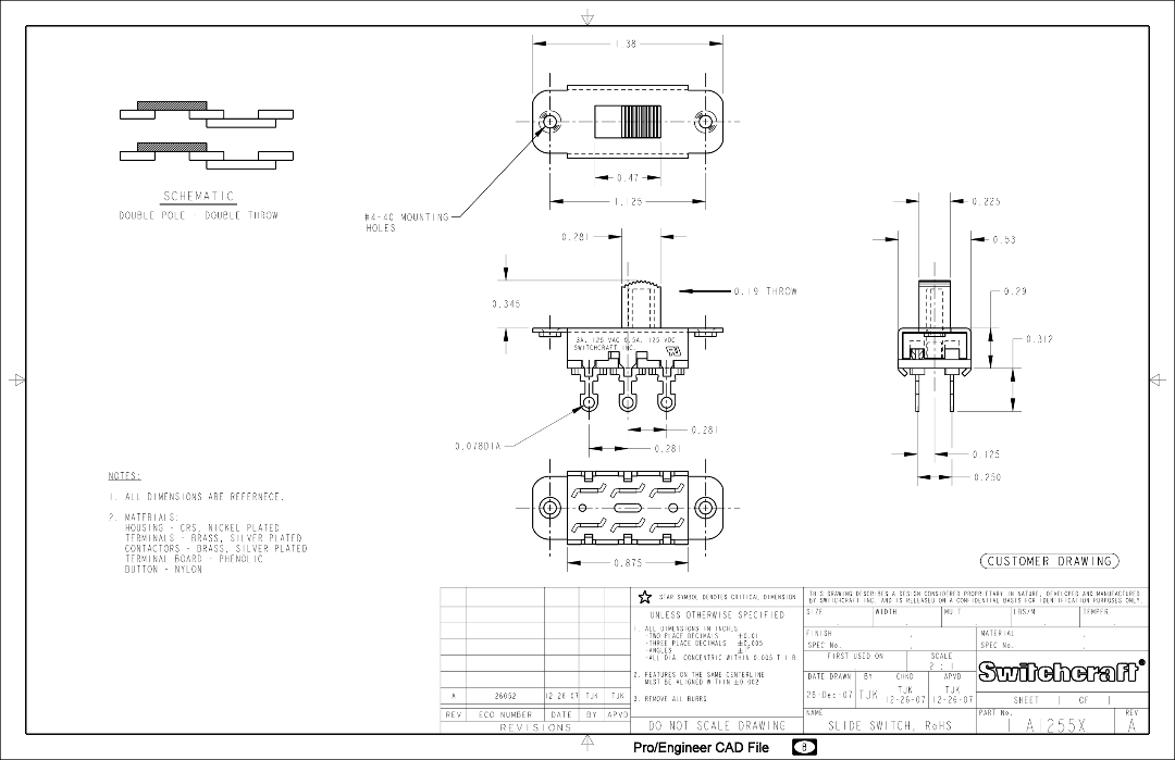 Switchcraft® On-On Slide Switch for Jazzmaster® and Jaguar®